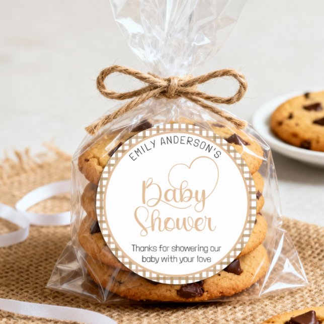 Adesivo Redondo Taupe Gingham Baby Shower Favor Sticker (Baby Shower Favor Sticker)