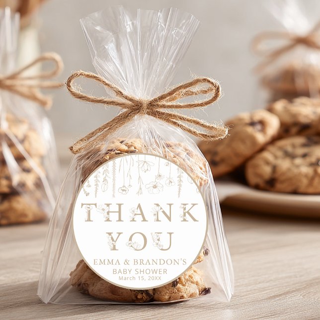 Adesivo Redondo Taupe Wildflower Baby Shower Thank You Stickers (Taupe Thank You Stickers)