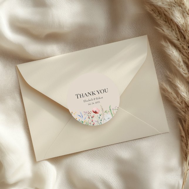 Adesivo Redondo Taupe Wildflower Meadow Wedch Obrigado Sticker (Taupe Wildflower Meadow Wedding Thank You Sticker on an elegant wedding envelope)