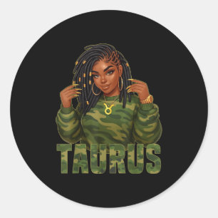Adesivo Redondo Taurus Queen Lock Black Woman Camo Sinal Zodiac