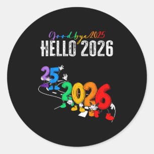 Adesivo Redondo Tchau 2025 Olá 2026 Desenho Animado Divertido Ano 