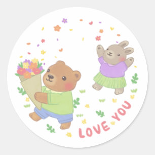 Adesivo Redondo Te Amo: Urso de Teddy & Coelhinho com Flores
