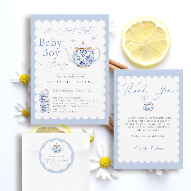 Adesivo Redondo Tea Brewing Blue Script Elegant Boy Baby Shower (boy baby shower stationery decor tea brewing theme blue watercolor elegant modern stylish classy)