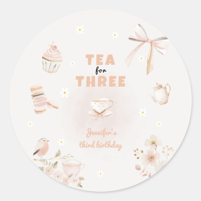 Adesivo Redondo Tea for Three Birthday Invitation for Girls (Frente)