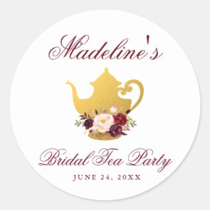 Adesivo Redondo Tea Party - Chá de panela Floral Pequeno Borgonha