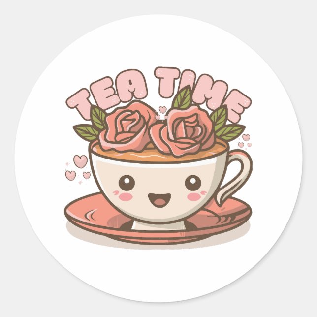 Adesivo Redondo Tea Time Rosa Tea Kawaii (Frente)