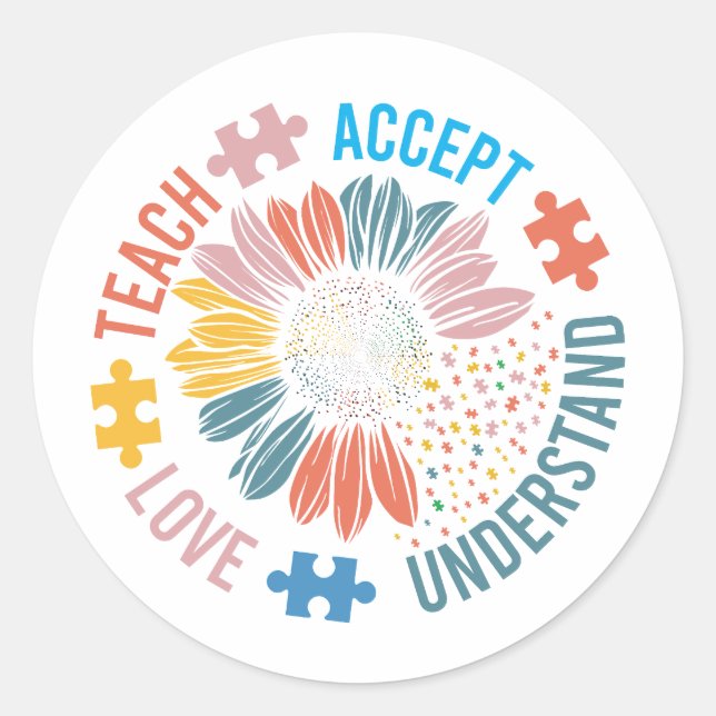 Adesivo Redondo "Teach Accept Love Understand" Puzzle Piece Flower (Frente)
