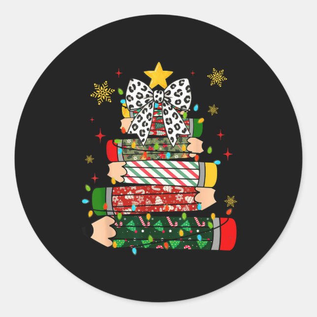Adesivo Redondo Teacher Christmas Tree Lights Pencil Leopard Print (Frente)
