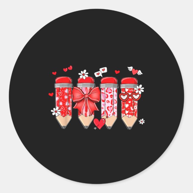 Adesivo Redondo Teacher Valentine Coquette Bow Pencil Teacher Vale (Frente)