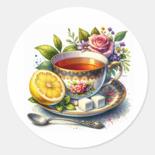 Adesivo Redondo Teacup bonito de Chá com Lemon