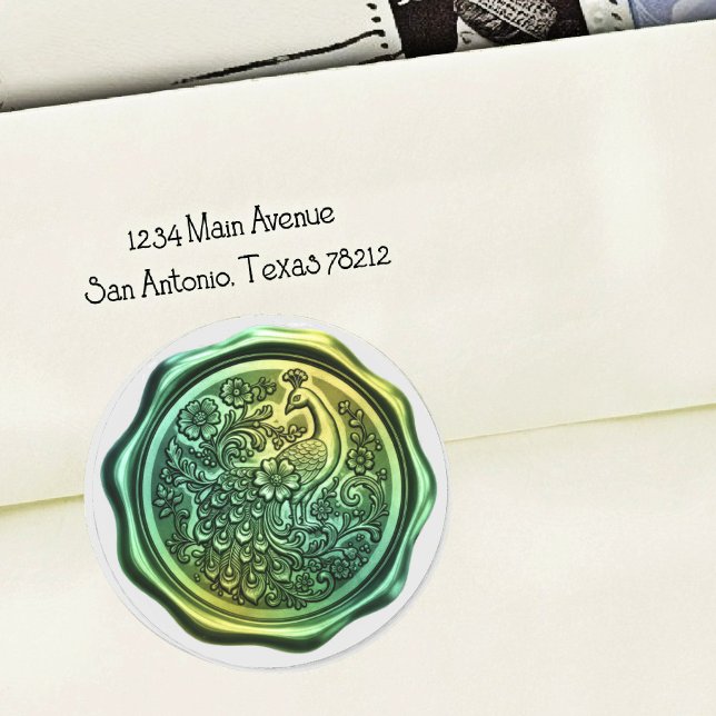 Adesivo Redondo Teal and Green Peacock Wax Look Seal (Criador carregado)