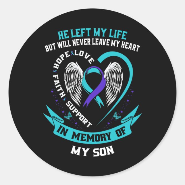Adesivo Redondo Teal And Purple Suicide Awareness Ribbon In Memory (Frente)