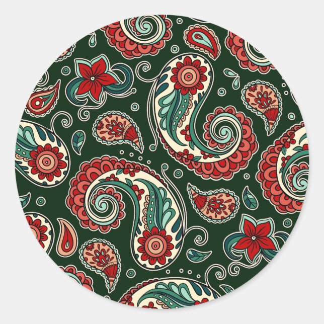 Adesivo Redondo Teal and Red Paisley Sticker Set (Frente)