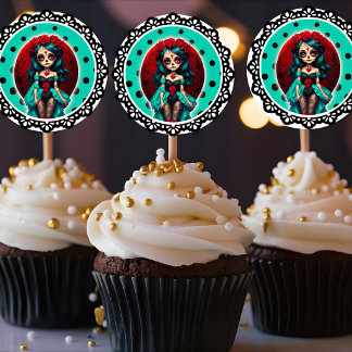 Adesivo Redondo Teal and Red Roses Sugar Skulls