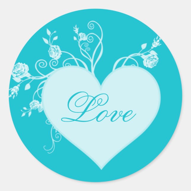 Adesivo Redondo Teal Aqua Heart e Rosas Love Stickers (Frente)