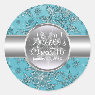 Adesivo Redondo Teal Aqua Snowflakes, Winter Wonderland Party