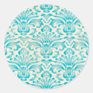 Adesivo Redondo Teal Aqua Watercolor Damask Ombre Blue Impressão