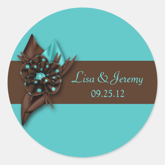 Adesivo Redondo Teal Blue and Brown Save The Date Sticker (Frente)