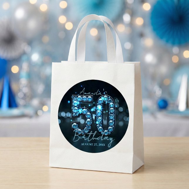 Adesivo Redondo Teal Blue Diamonds & Black Glamorous 50th Birthday (Criador carregado)