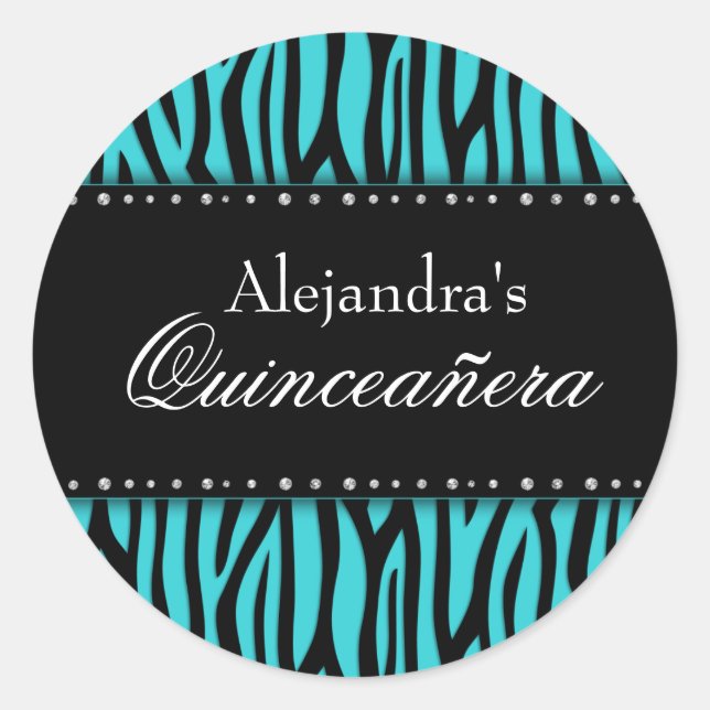 Adesivo Redondo Teal Blue Zebra Diamantes Quinceanera (Frente)