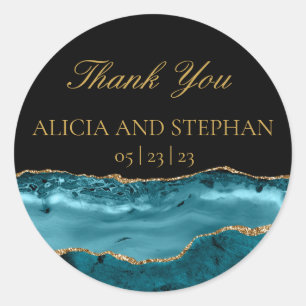 Adesivo Redondo Teal Dourado Agate Weding Favor Obrigado
