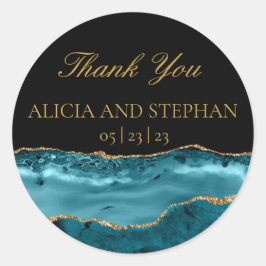 Adesivo Redondo Teal Dourado Agate Weding Favor Obrigado