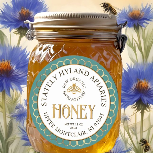 Adesivo Redondo Teal Dourado Honey Honeycomb Border and Bee (Criador carregado)
