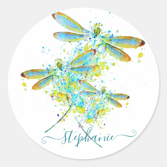 Adesivo Redondo Teal Dragonfly splatter personalizado (Frente)