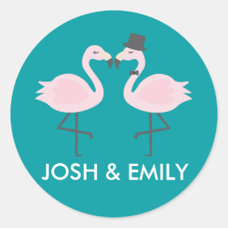 Adesivo Redondo Teal Flamingo Wedding Node & Groom Pair
