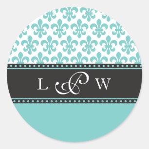 Adesivo Redondo Teal Fleur de lis Wedding Monograma Sticker