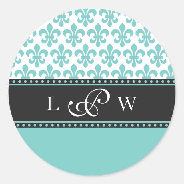 Adesivo Redondo Teal Fleur de lis Wedding Monograma Sticker (Frente)