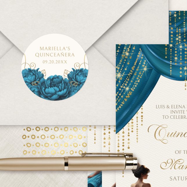 Adesivo Redondo Teal Floral Elegante Quinceanera (Criador carregado)