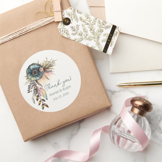 Adesivo Redondo Teal Floral Wedding Obrigado (Presentear)