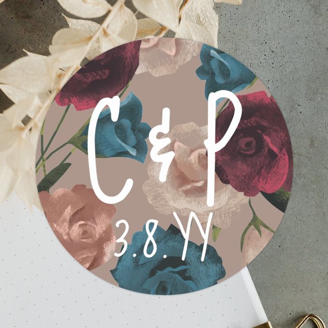 Adesivo Redondo Teal Green Beige Burgundy Rosa Natal (Wedding Sticker Couple's Initials Date, Botanical Beige Burgundy Teal Roses Monogram Envelope Seal)