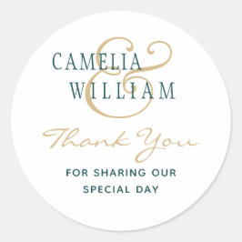 Adesivo Redondo Teal Green - Foto Dourada de casamento Obrigado Da