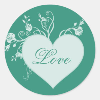 Adesivo Redondo Teal Green Heart e Rosas Love Stickers