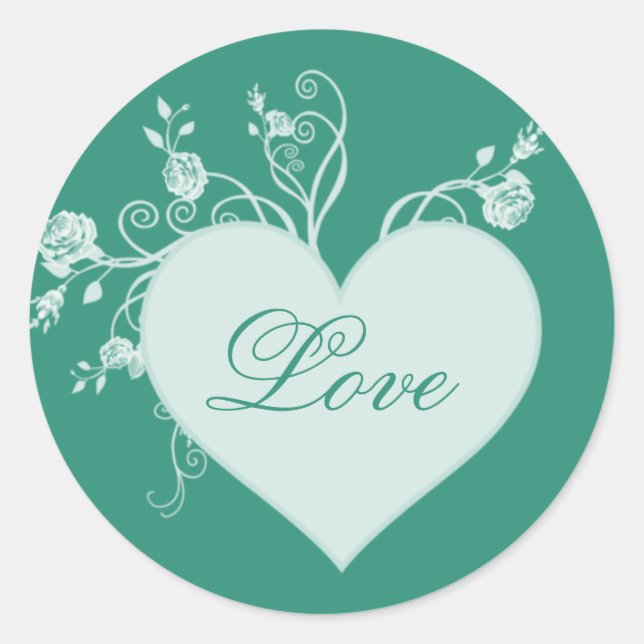 Adesivo Redondo Teal Green Heart e Rosas Love Stickers (Frente)