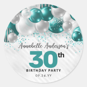Adesivo Redondo Teal Green Silver Balloon Glitter Favor Aniversári
