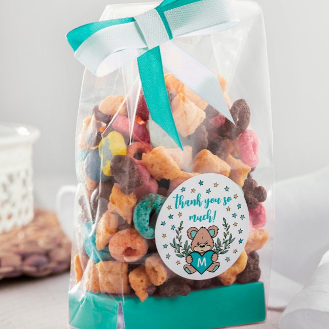 Adesivo Redondo Teal Heart Bear Themed Chá de fraldas Obrigado (Criador carregado)