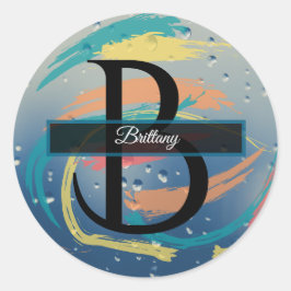 Adesivo Redondo Teal, Laranja, Amarelo, Monograma de Brushbird Cor