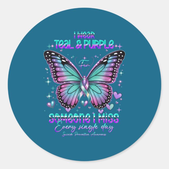 Adesivo Redondo Teal N Purple Butterfly Suicide Prevention Awarene (Frente)