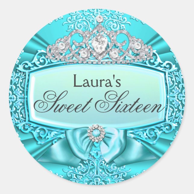 Adesivo Redondo Teal Princess Tiara & Damask Sweet 16 Sticker (Frente)