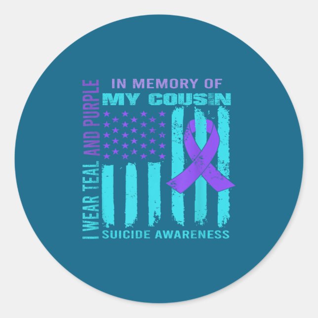 Adesivo Redondo Teal Purple Ribbon Suicide Awareness Flag Cousin B (Frente)