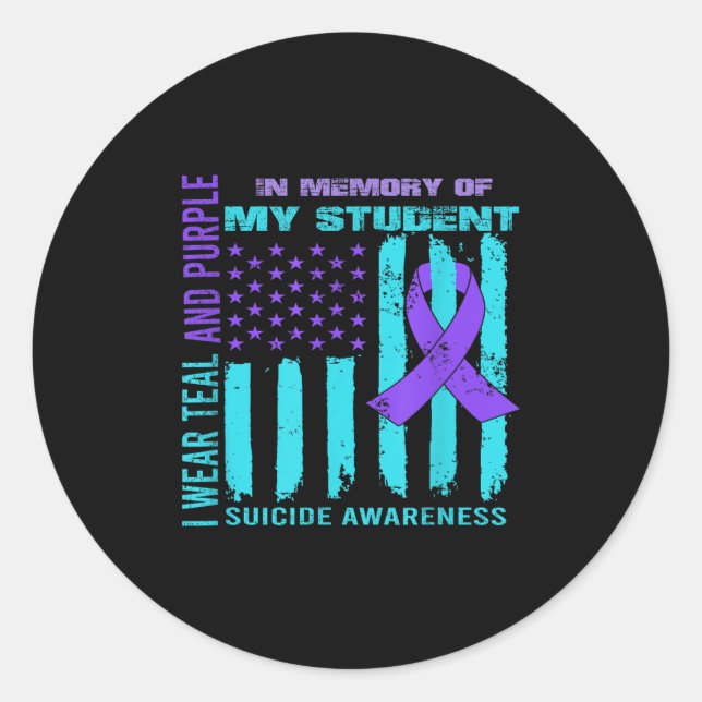 Adesivo Redondo Teal Purple Ribbon Suicide Awareness Flag Student  (Frente)