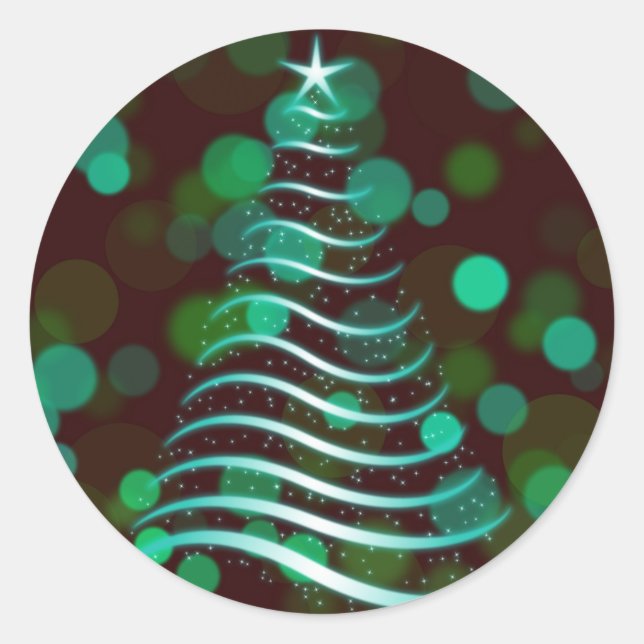 Adesivo Redondo Teal Ribbon Christmas Tree on Holiday Bokeh (Frente)
