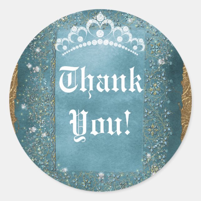 Adesivo Redondo Teal Sparkle e Dourado Diamond Tiara Scroll Party (Frente)