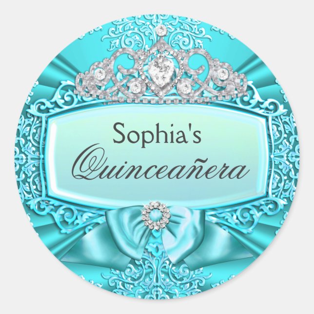 Adesivo Redondo Teal Tiara & Damask Quinceanera Sticker (Frente)