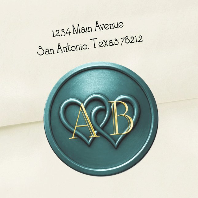 Adesivo Redondo Teal Two Hearts Intertwined Monogram Wedding (Criador carregado)
