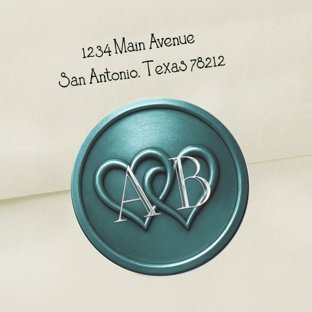 Adesivo Redondo Teal Two Hearts Silver Monogram Wedding (Criador carregado)