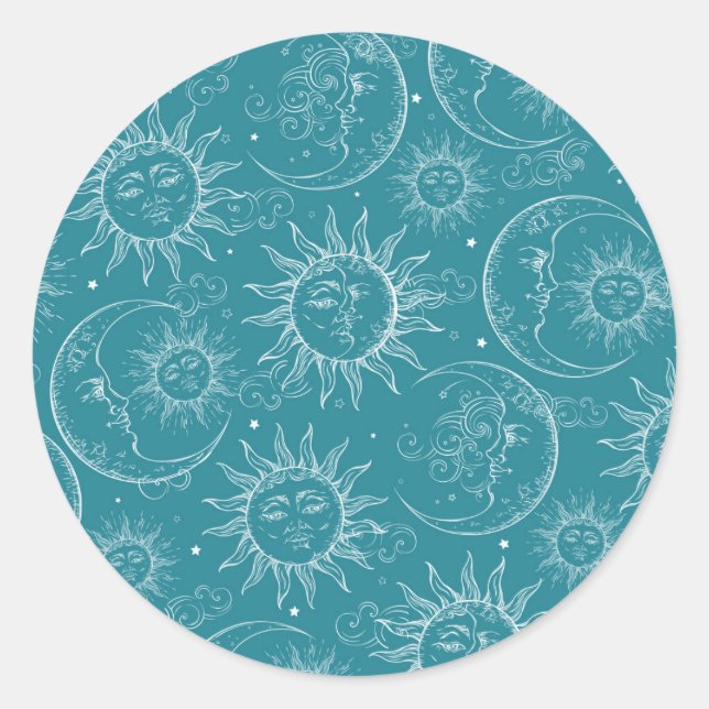 Adesivo Redondo Teal Vintage Celestial Sun Moon Stars (Frente)
